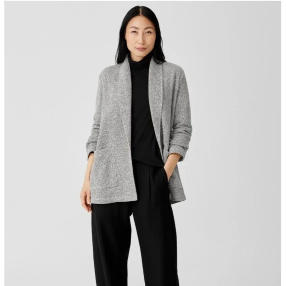 EILEEN FISHER Cardigan Medium Organic Cotton Shawl Collar Open Front Gray